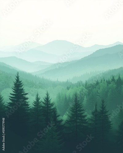 Scenic panoramic view of evergreen forest with misty layers of distant mountains under calm serene sky in tranquil morning light