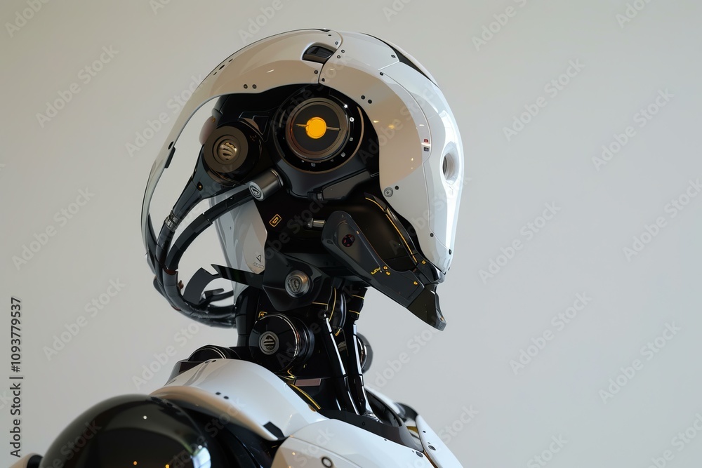 Futuristic robot with white and black armor is looking down Futuristic robot with white and black armor is looking down