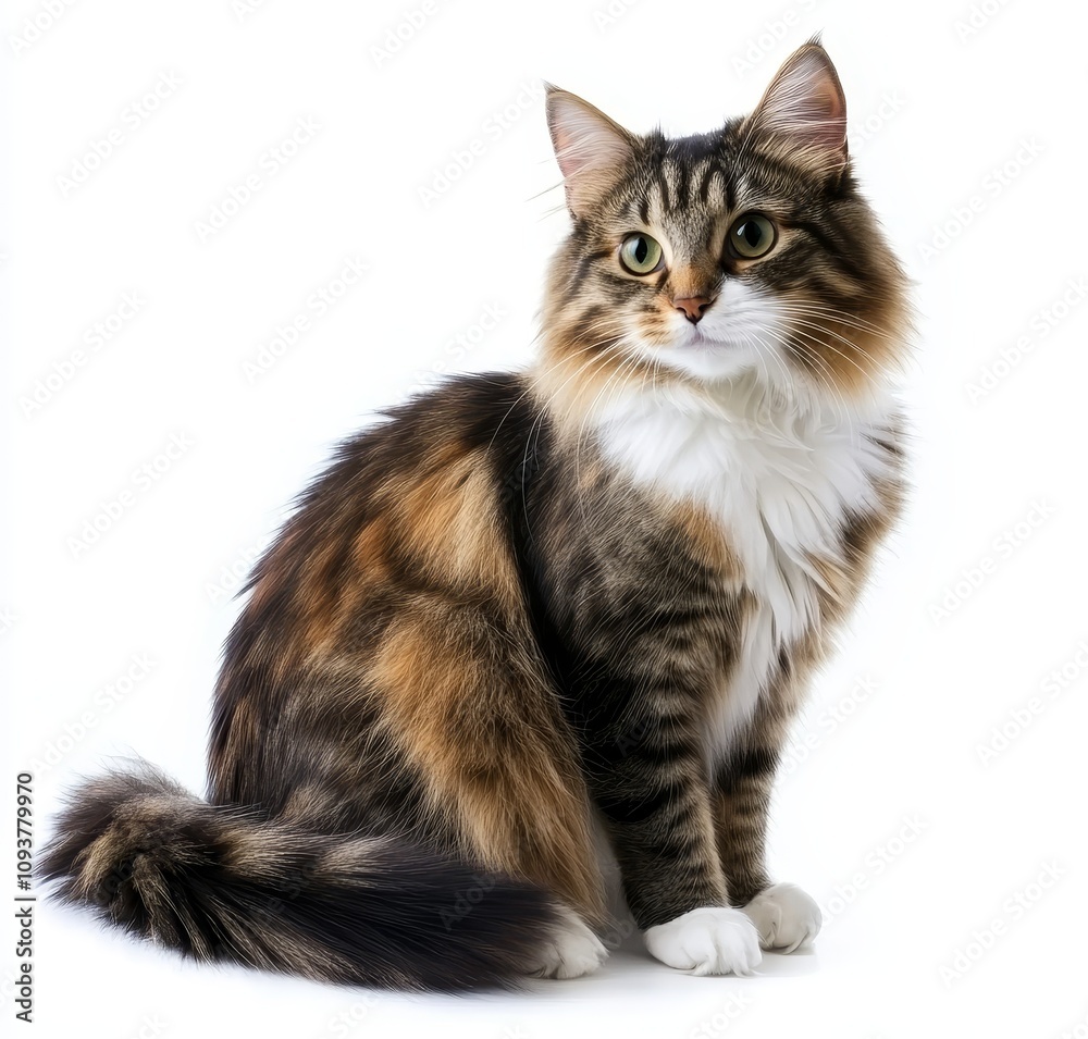 A Norwegian Forest cat sits and looks directly at the camera, with a white backdrop providing isolation. A Norwegian Forest cat sits and looks directly at the camera, with a white backdrop providing isolation.