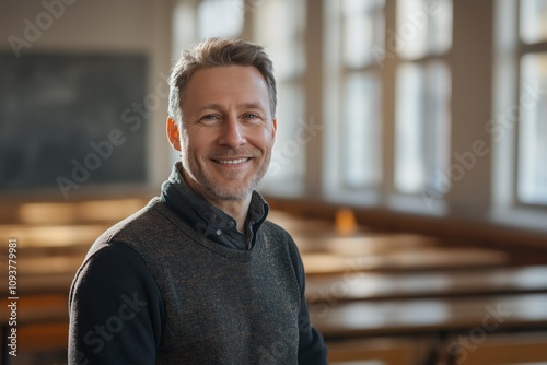 Smiling teacher in sunlit classroom ready for educational engagement and academic inspiration photo