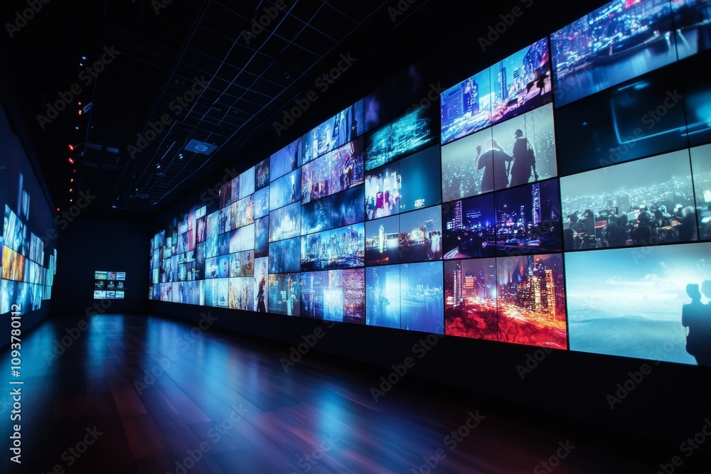 Futuristic digital display wall with neon cityscapes in a dark gallery Futuristic digital display wall with neon cityscapes in a dark gallery