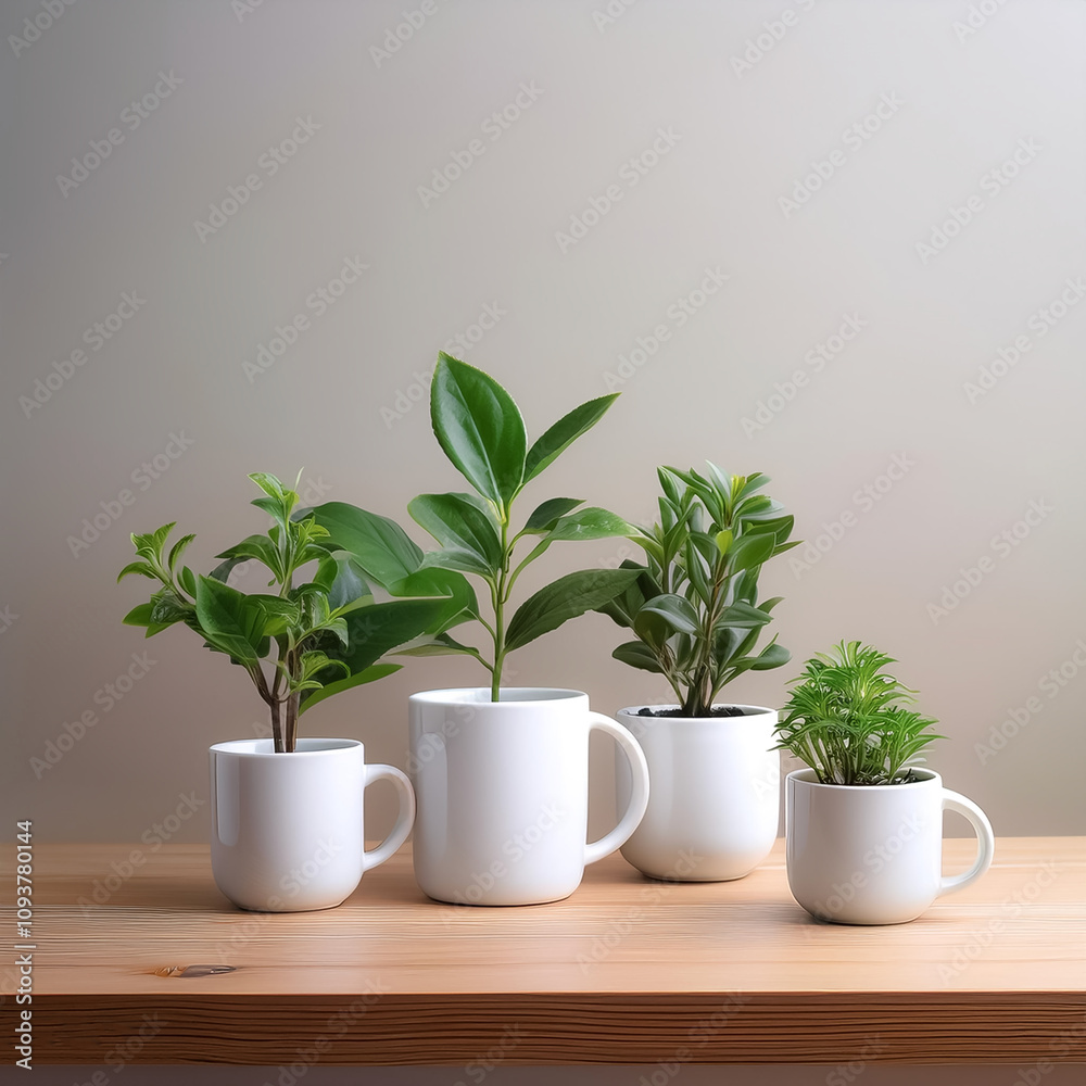 Obraz premium Small plants in ceramic pots with plain white mugs are placed on a light wooden surface