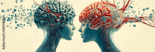 Neural connection between two human brains with puzzle elements, representing cognitive synchronization and thought exchange in futuristic AI interaction