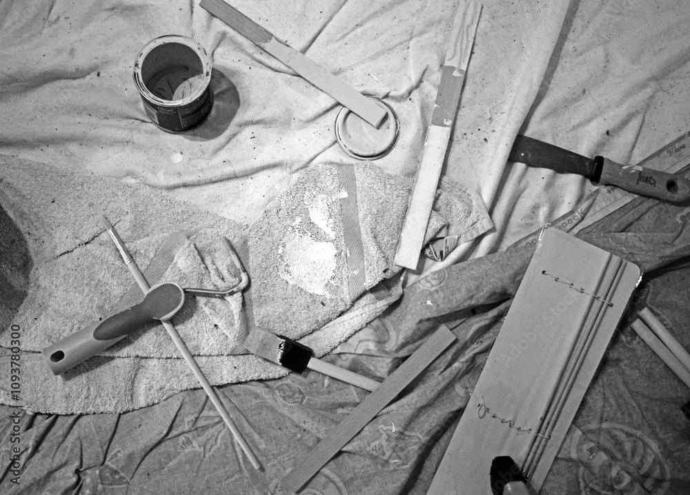 background close up of a messy floor filled with paint supplies for painting a room in a house background close up of a messy floor filled with paint supplies for painting a room in a house
