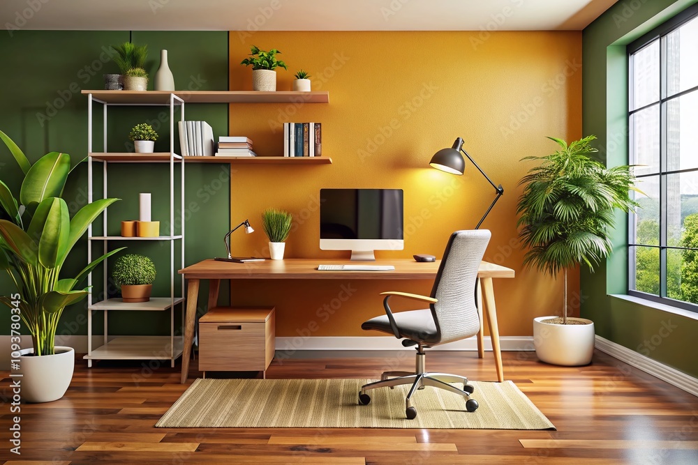 Fototapeta premium An Attractive Workspace Featuring a Desk with a Chair and Computer, Ideal for Creative Inspiration and Productivity, Perfect for Home Office or Business Settings