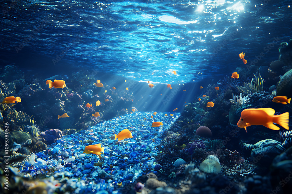 Naklejka premium A submerged ocean barrier collecting plastic waste below the water surface, surrounded by marine life and clear blue water, symbolizing innovative environmental technology.