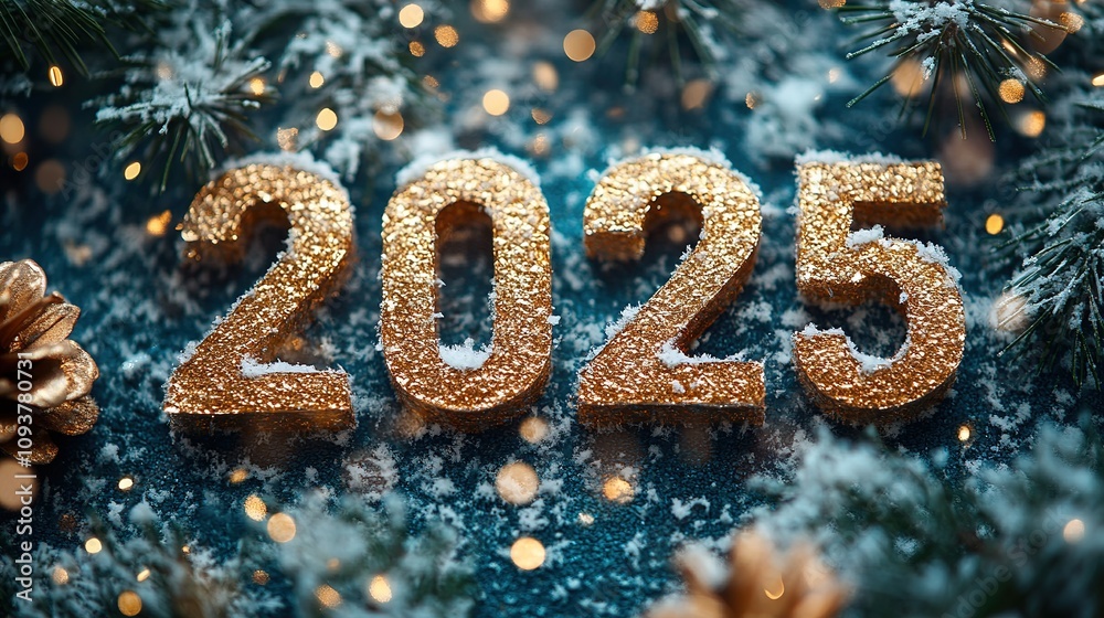The golden figures 2025 made of candles on a black stone slate background are decorated The golden figures 2025 made of candles on a black stone slate background are decorated