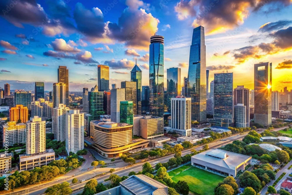 Obraz premium A Panoramic View of a Thriving Modern City Skyline Showcasing Diverse Businesses and Innovative Architecture in a Dynamic Urban Environment