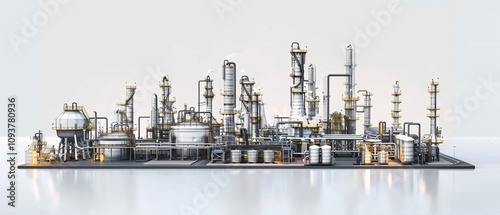 oil and gas refinery facility with storage tanks and pipeline infrastructure on a transparent