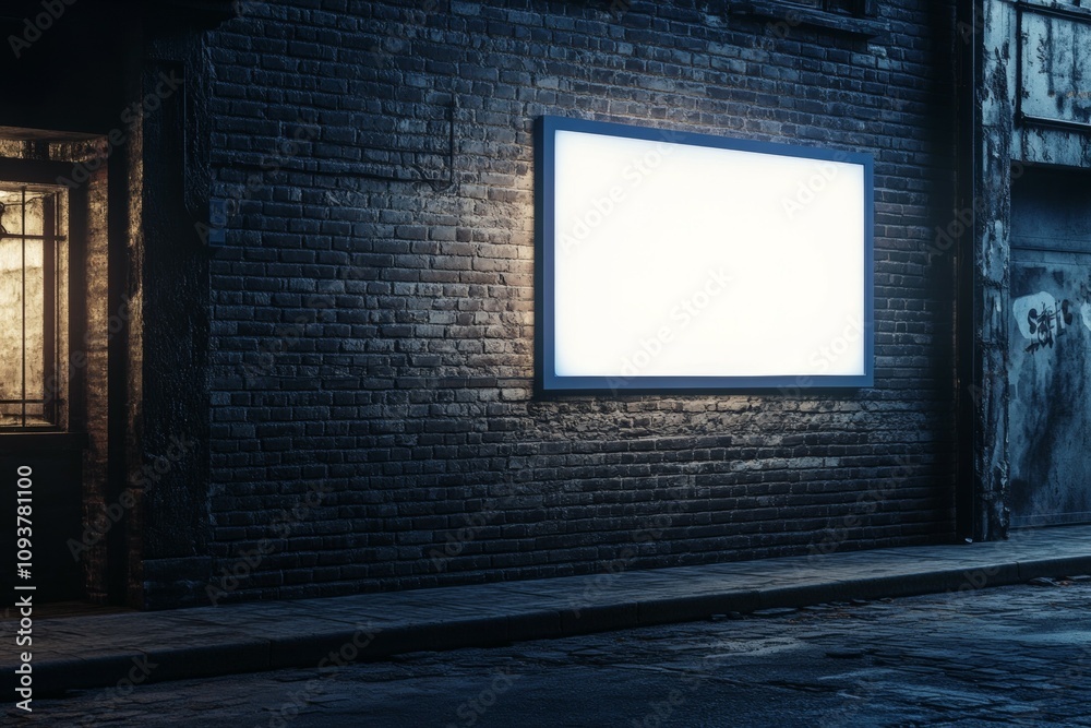 Illuminated blank billboard on dark urban street at night