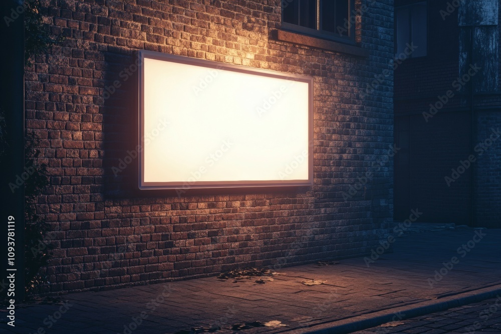 Illuminated blank billboard on brick wall at night in urban alley Illuminated blank billboard on brick wall at night in urban alley