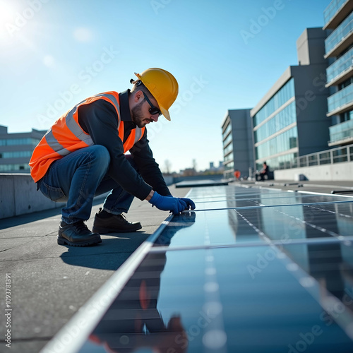 Wallpaper Mural Photo, 8k resolution, a technician crouching on a sunny rooftop, adjusting connections on a large solar panel. The blurred background features a clear blue sky and modern buildings, emphasizing clean  Torontodigital.ca