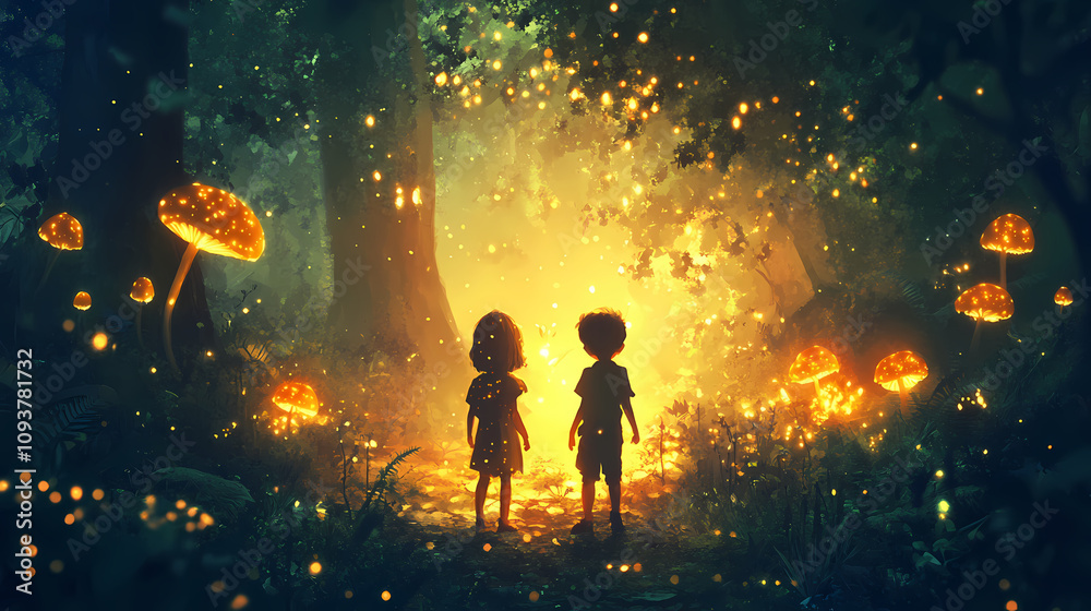 Obraz premium Whimsical scene of children exploring a magical forest with glowing mushrooms and fairies, rich colors and enchanting atmosphere. Luminous Forest Spirits. Illustration