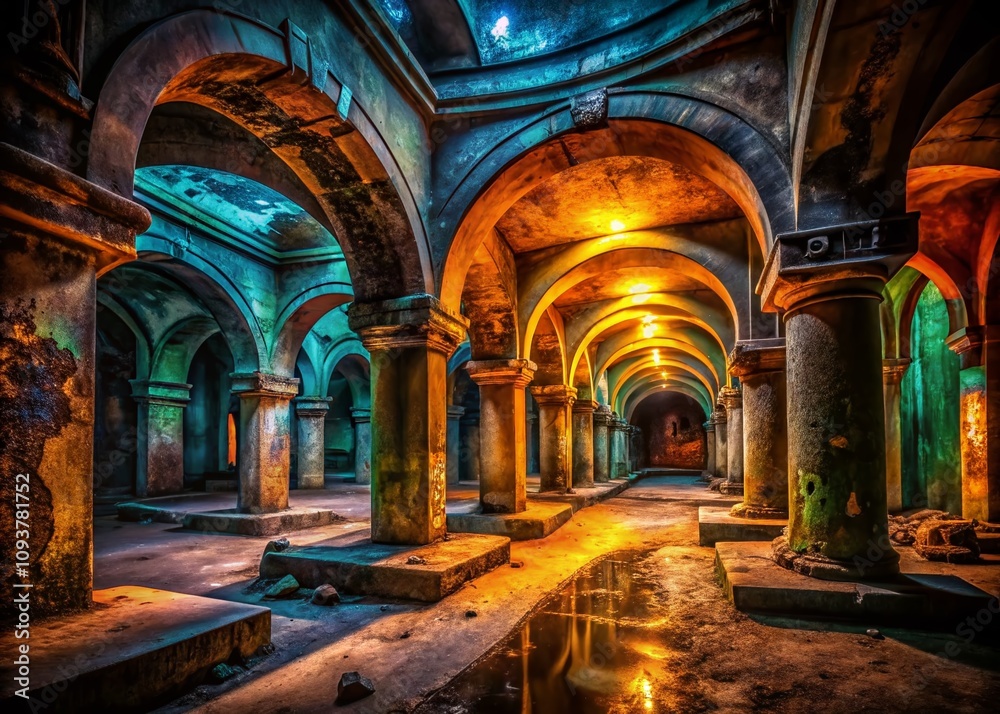 Fototapeta premium Architectural Photography of a Dark Descent into an Abandoned Underground Structure with Eerie Lighting and Intricate Details, Capturing the Mystery and Beauty of Decay and Design