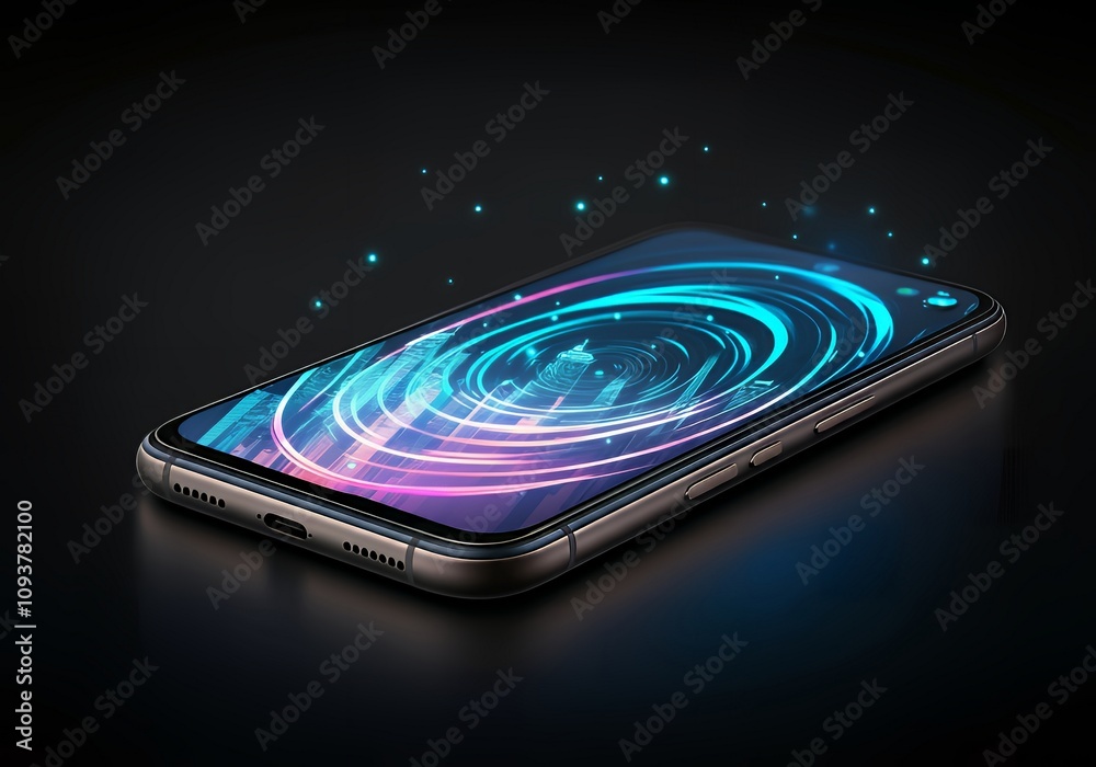 Capture a close-up of a sleek smartphone with vibrant neon light trails swirling around it, set against a holographic cityscape that hints at advanced connectivity. Capture a close-up of a sleek smartphone with vibrant neon light trails swirling around it, set against a holographic cityscape that hints at advanced connectivity.