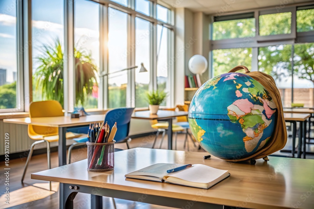 Architectural Photography of a School Backpack, Globe, and Pen Holder in a Modern Classroom Setting, Highlighting Education and Learning Essentials for Students Architectural Photography of a School Backpack, Globe, and Pen Holder in a Modern Classroom Setting, Highlighting Education and Learning Essentials for Students