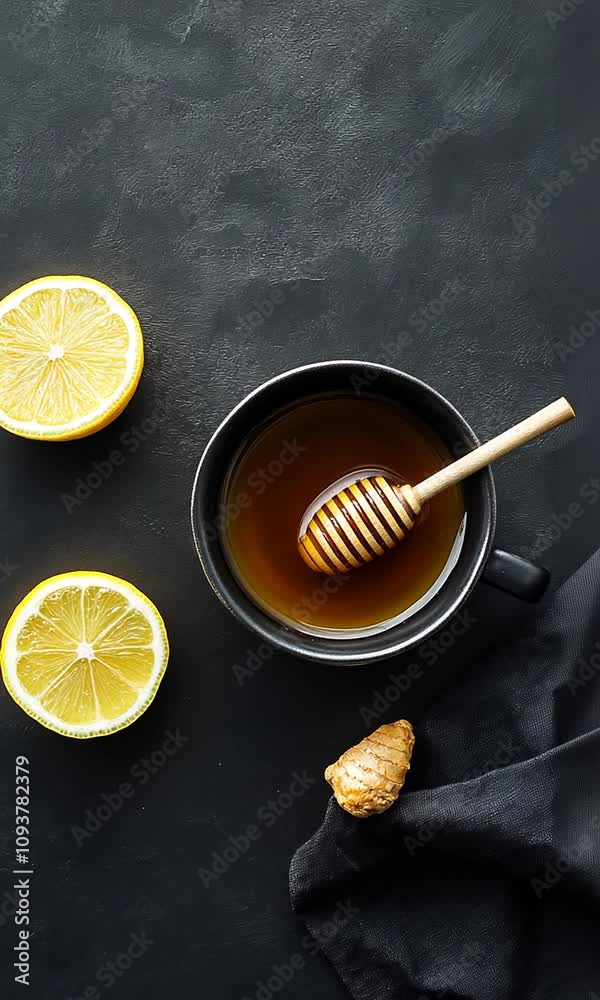 A cup of tea with honey, ginger, and lemon slices on a dark surface. A cup of tea with honey, ginger, and lemon slices on a dark surface.