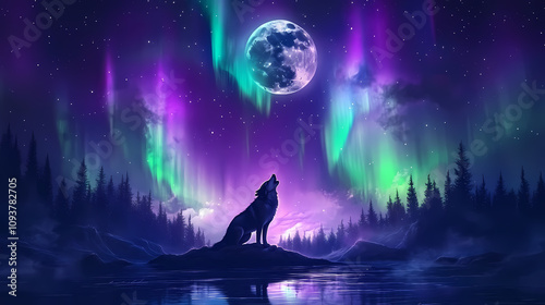 A majestic wolf howling under a luminous moon, surrounded by the captivating auroras in a serene night sky. Luminous Forest Spirits. Illustration