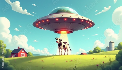 Comic book style UFO hovering over cow in green meadow with farmer’s house in background