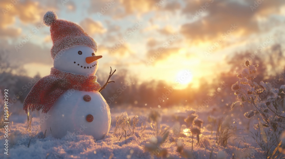 Fototapeta premium Snowman in sunset snowy landscape