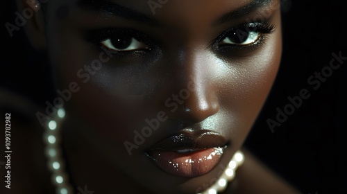 A close up of a woman with black skin and pearls