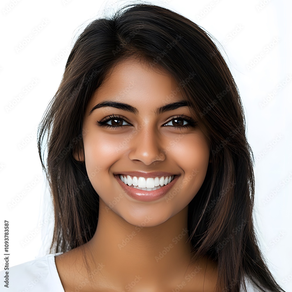 Close up photo portrait of a beautiful young asian indian model woman with clean teeth on white background Close up photo portrait of a beautiful young asian indian model woman with clean teeth on white background