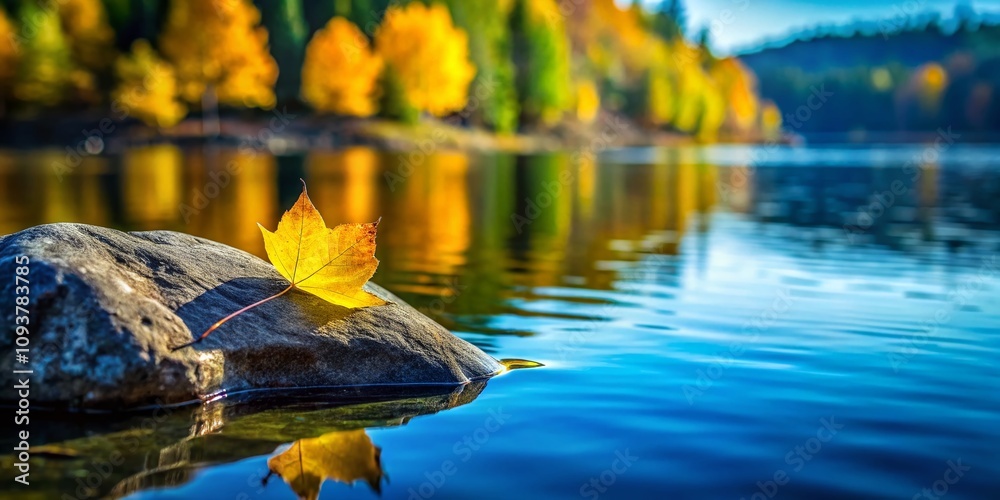 Fototapeta premium A Serene Composition of a Yellow Leaf on a Gray Rock Surrounded by Tranquil Blue Water and Blurred Green Trees Under a Clear Sky for Nature Photography