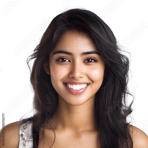 Close up photo portrait of a beautiful young asian indian model woman with clean teeth on white background