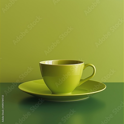 Green ceramic cup and saucer against matching vibrant background creating a striking minimalist aesthetic suitable for kitchenware themes photo