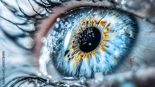 A crystalline aquamarine eye glowing softly under diffused sunlight. photo