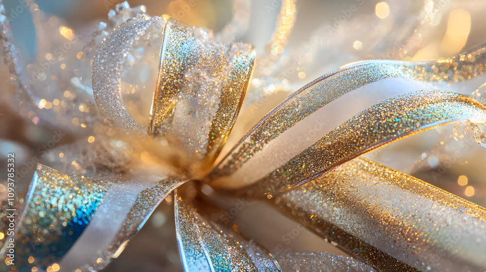 Fototapeta premium A close-up of a decorated Christmas cracker with ribbons and sparkling details.