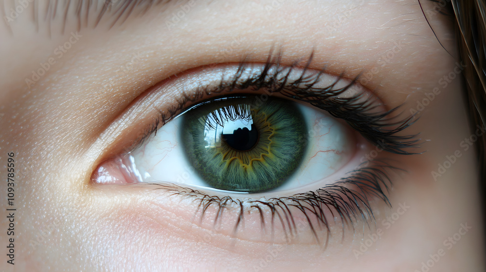 A deep green eye with a subtle ring of brown around the pupil. A deep green eye with a subtle ring of brown around the pupil.