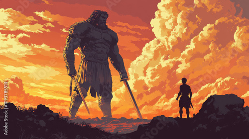 Biblical story of the battle between David and Goliath.