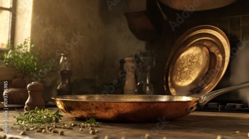 Copper frying pan on a rustic wooden table with herbs and peppercorns. The warm sunlight is creating a magical glow.