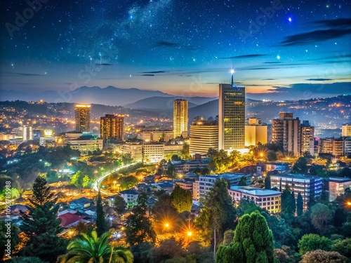 A Stunning Night View of Kigali City Skyline Illuminated by City Lights and Stars, Showcasing Modern Architecture and Vibrant Urban Life in Rwanda's Capital photo