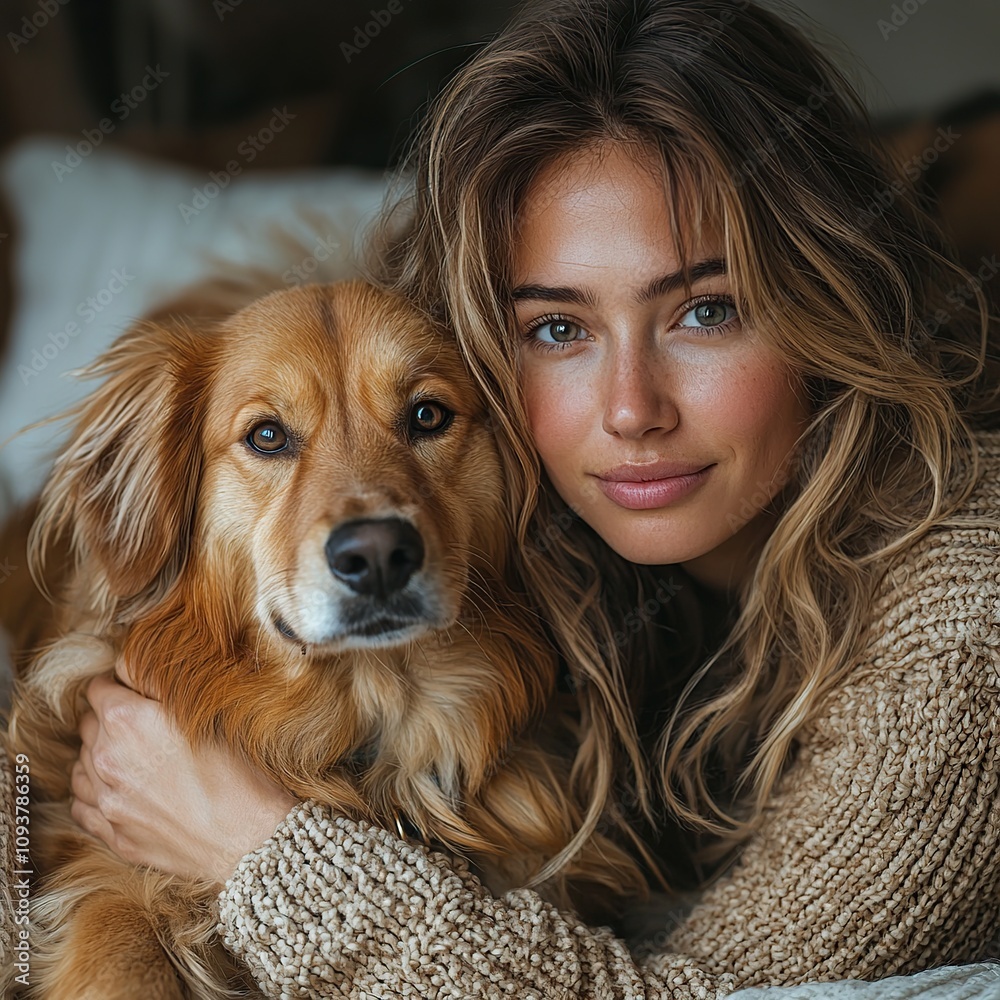 Golden Retriever and Girl Cozy Portrait Golden Retriever and Girl Cozy Portrait