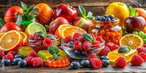 A Vibrant Panoramic Display of Chewable Gummy Vitamins Surrounded by Fresh Fruits, Emphasizing Health, Nutrition, and Colorful Wellness Choices for All Ages photo