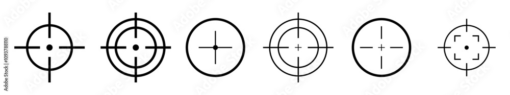 Target icon set: includes crosshair, sniper sight, and aiming symbols, isolated on a white background. Vector illustration, designed for web design and stylish target-related graphics. Target icon set: includes crosshair, sniper sight, and aiming symbols, isolated on a white background. Vector illustration, designed for web design and stylish target-related graphics.