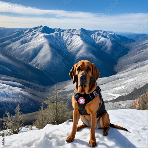 Service dog bloodhound in the snowy mountains.