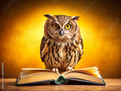 Wallpaper Mural A Wise Owl Engrossed in a Book on a Bright Yellow Background, Symbolizing Wisdom and Education with Ample Copy Space for Inspirational Quotes and Text Torontodigital.ca