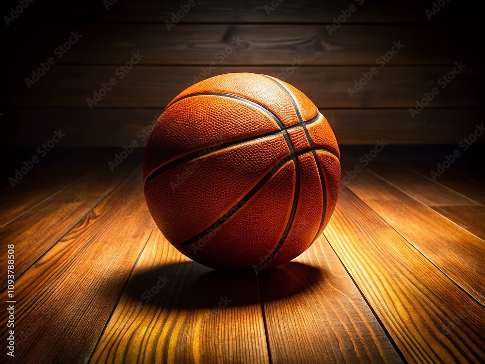 Obraz premium Basketball on Wooden Floor with Text Space for Marketing Use and Promotion of Sports Equipment, Featuring a Close-Up of the Ball for a Dynamic Product Photography Shot