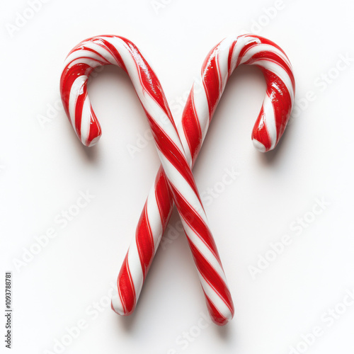 two skinny candy canes crossed together, solid white background, png style, detailed edges, photo realistic, hd quality