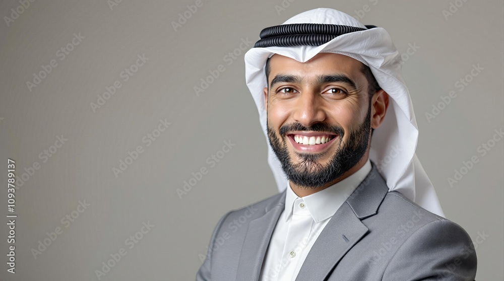 Fototapeta premium Confident middle eastern businessman smiling in traditional attire against gray background