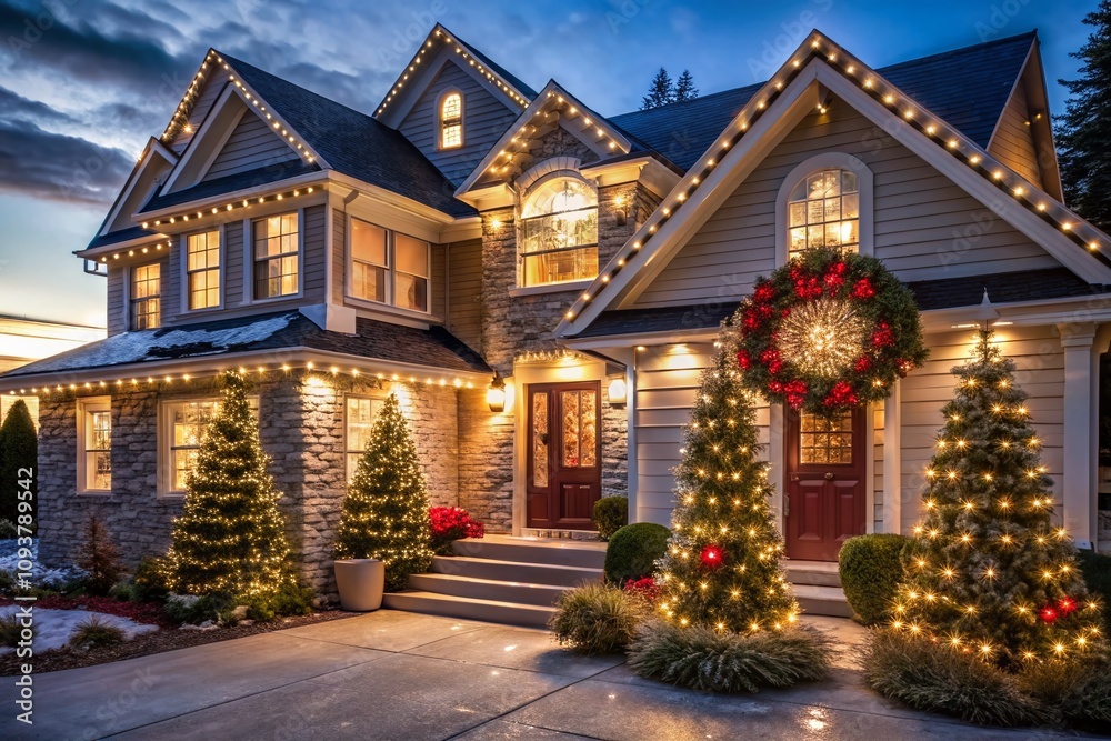 Beautifully Decorated Home Exterior with Sparkling Lights and Festive Holiday Ornaments Spreading Cheer in a Minimalist Style, Showcasing Christmas Illumination and Warmth Beautifully Decorated Home Exterior with Sparkling Lights and Festive Holiday Ornaments Spreading Cheer in a Minimalist Style, Showcasing Christmas Illumination and Warmth