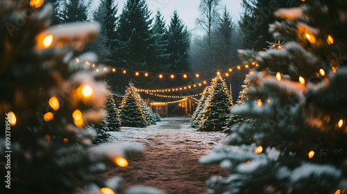 A magical Christmas tree farm with snow-dusted evergreens and string lights.