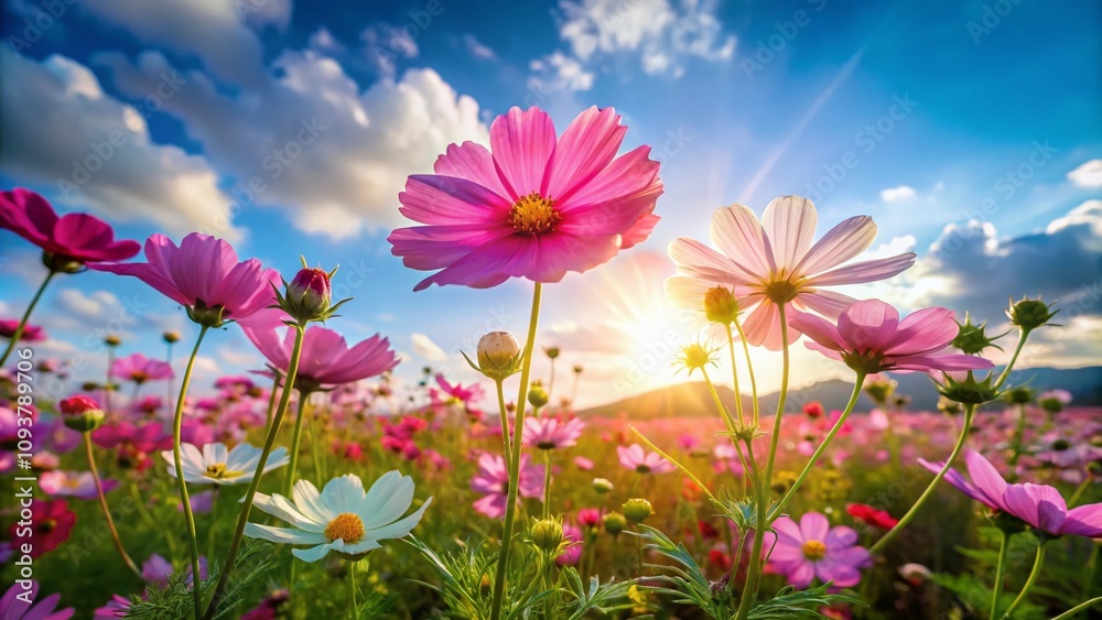 Fototapeta premium Beautiful Outdoor Cosmos Flower Field Bathed in Sunlight, Perfect for Banners and Backgrounds, Showcasing Vibrant Colors and Nature’s Serenity in a Stunning Landscape