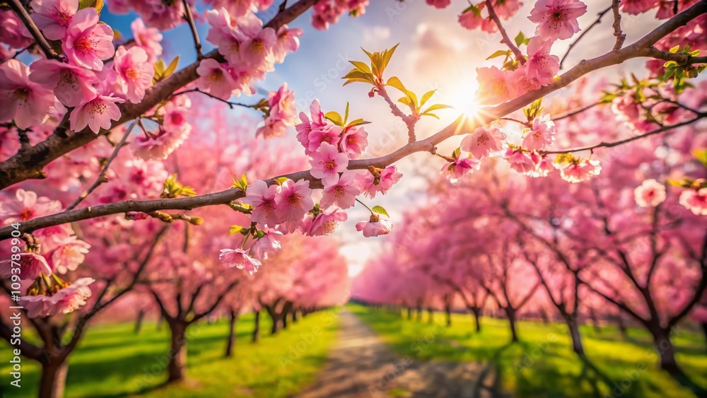 Beautiful Sakura Blossom Scene in April with Pink Flowers, Sunny Orchard Background, Nature's Springtime Beauty and Abstract Blurred Floral Aesthetic for Peaceful Moments Beautiful Sakura Blossom Scene in April with Pink Flowers, Sunny Orchard Background, Nature's Springtime Beauty and Abstract Blurred Floral Aesthetic for Peaceful Moments