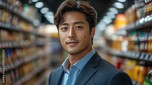 Portrait of a Confident Asian Man in a Supermarket