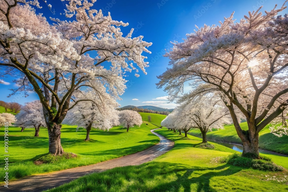 Beautiful Spring Landscape with Blossom White Cherry Trees in Full Bloom Against a Clear Blue Sky, Capturing the Essence of Nature's Renewal and Serenity