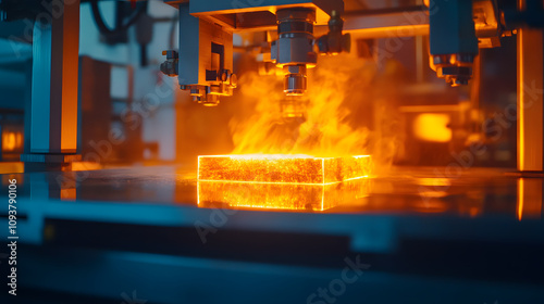 A materials science lab testing new alloys under intense heat and light.
